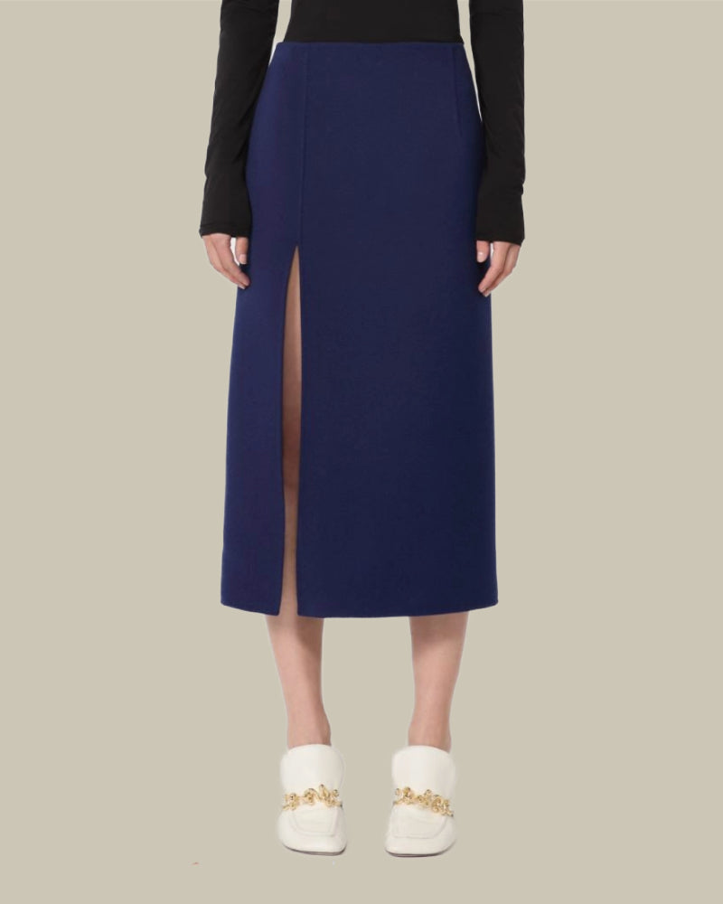 Navy Long Double Faced Wool Skirt