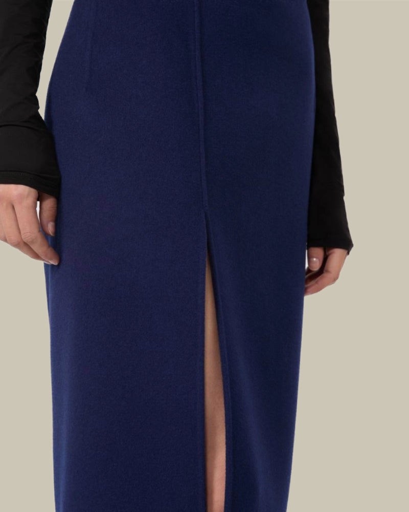 Navy Long Double Faced Wool Skirt