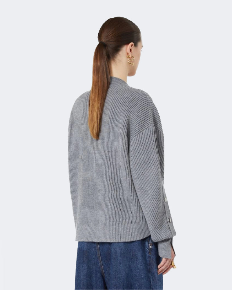 Grey Rib Knit V Neck Wool Jumper