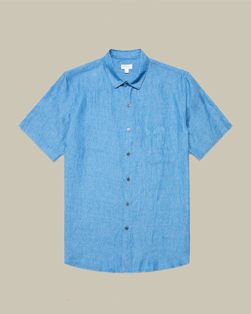 Short Sleeve Linen Shirt Cool Blue