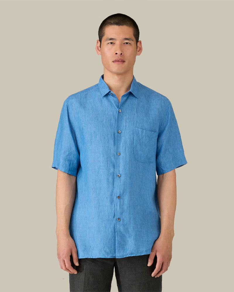 Short Sleeve Linen Shirt Cool Blue