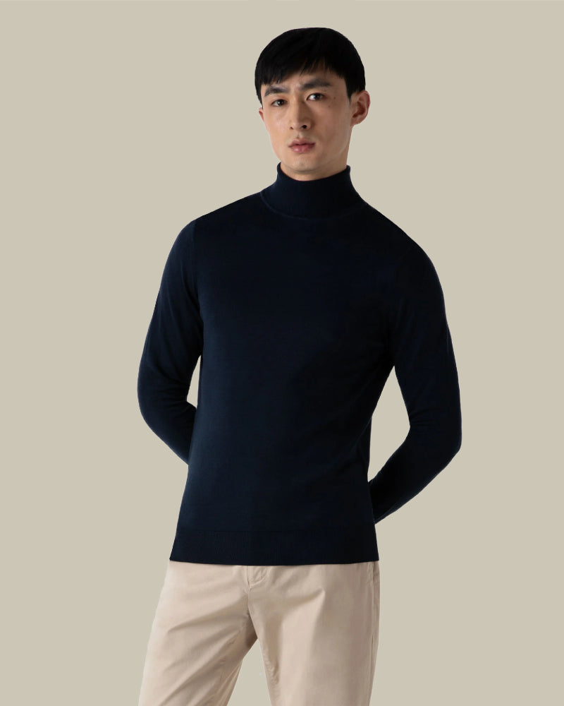 Navy Extra Fine Merino Roll Neck