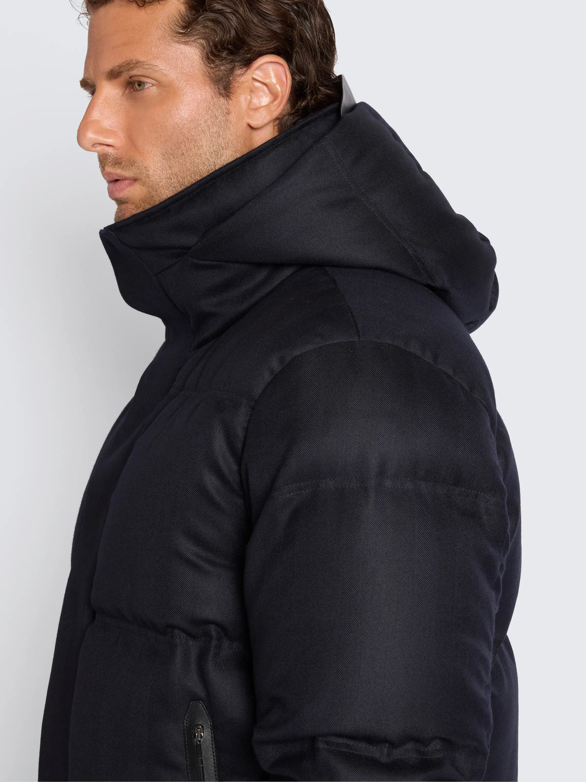 Navy Blue Wool & Cashmere Hooded Puffer