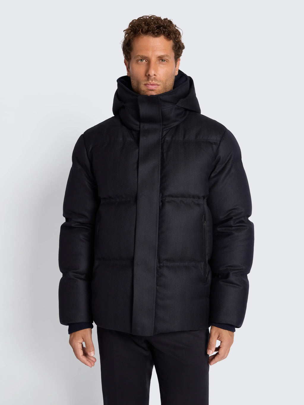 Navy Blue Wool & Cashmere Hooded Puffer