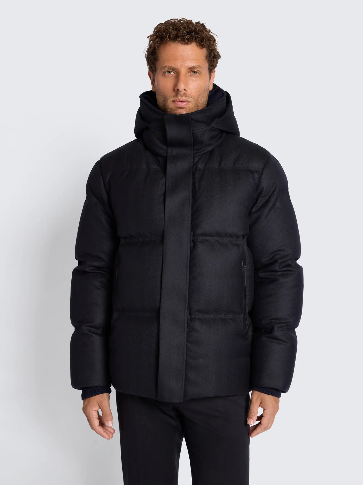Navy Blue Wool & Cashmere Hooded Puffer