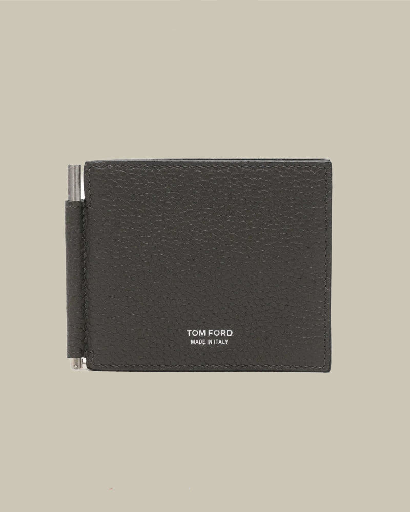 Grey Grain Leather Bi Fold Wallet With Money Clip