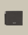 Grey Grain Leather Bi Fold Wallet With Money Clip