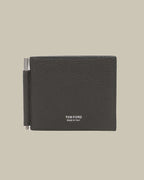 Grey Grain Leather Bi Fold Wallet With Money Clip