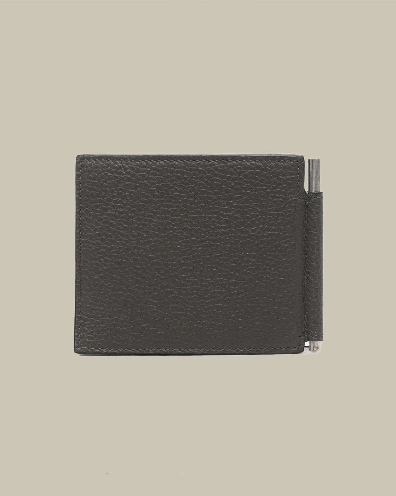 Grey Grain Leather Bi Fold Wallet With Money Clip