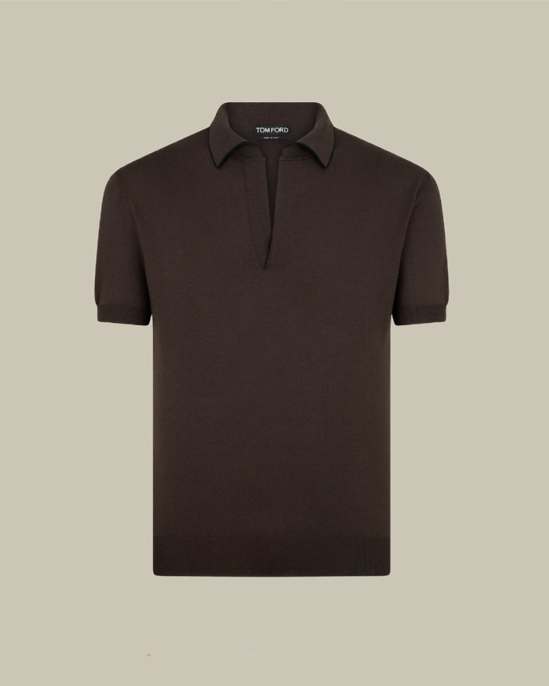 Chocolate Cotton & Silk Deep Skipper Knitted Polo