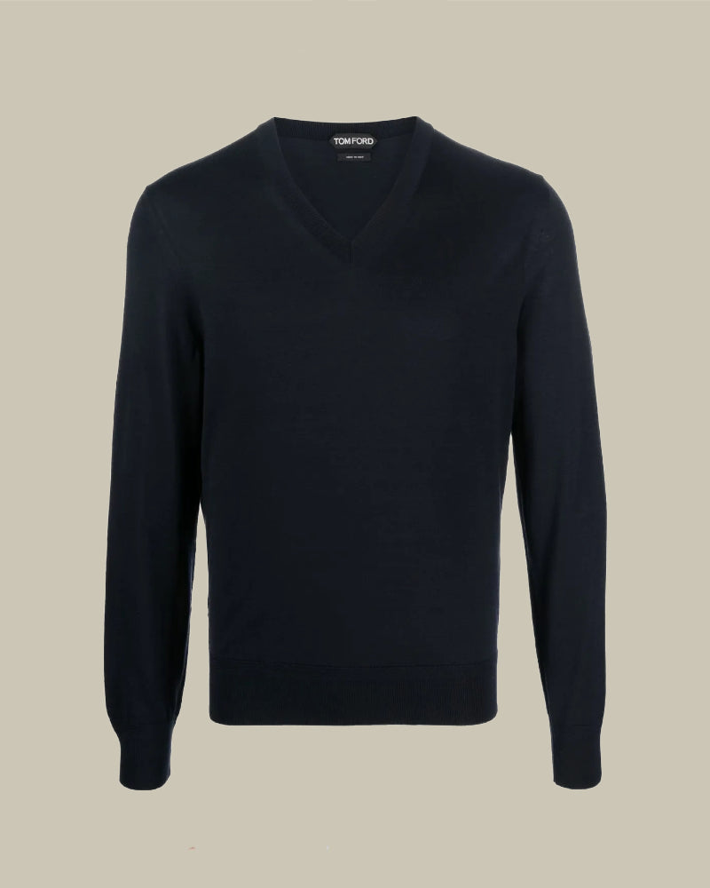 Navy Fine Gauge Pure Wool V Neck