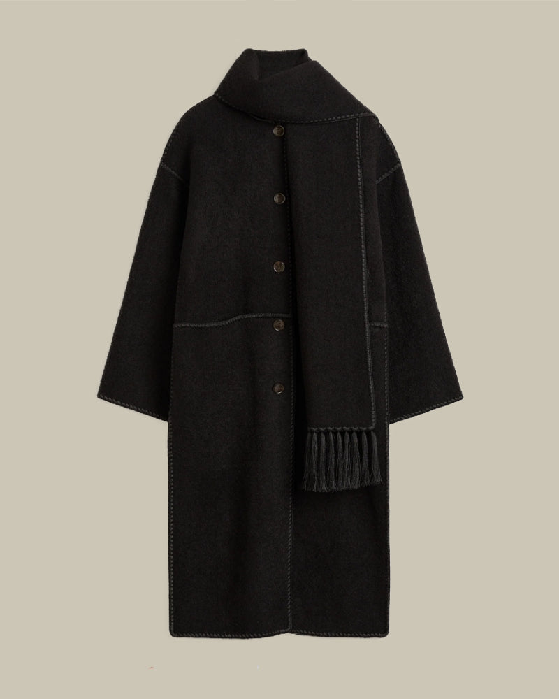 Embroidered Scarf Coat Black