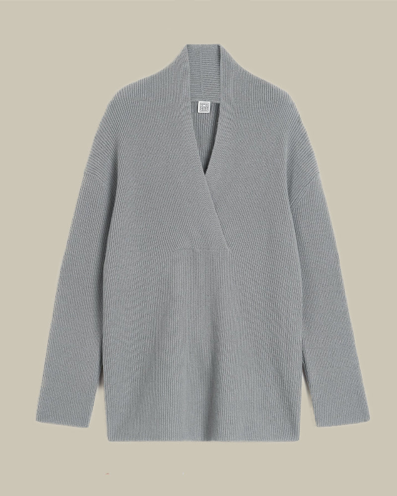 Grey Cashmere Rib Knit Overlapping Cardigan