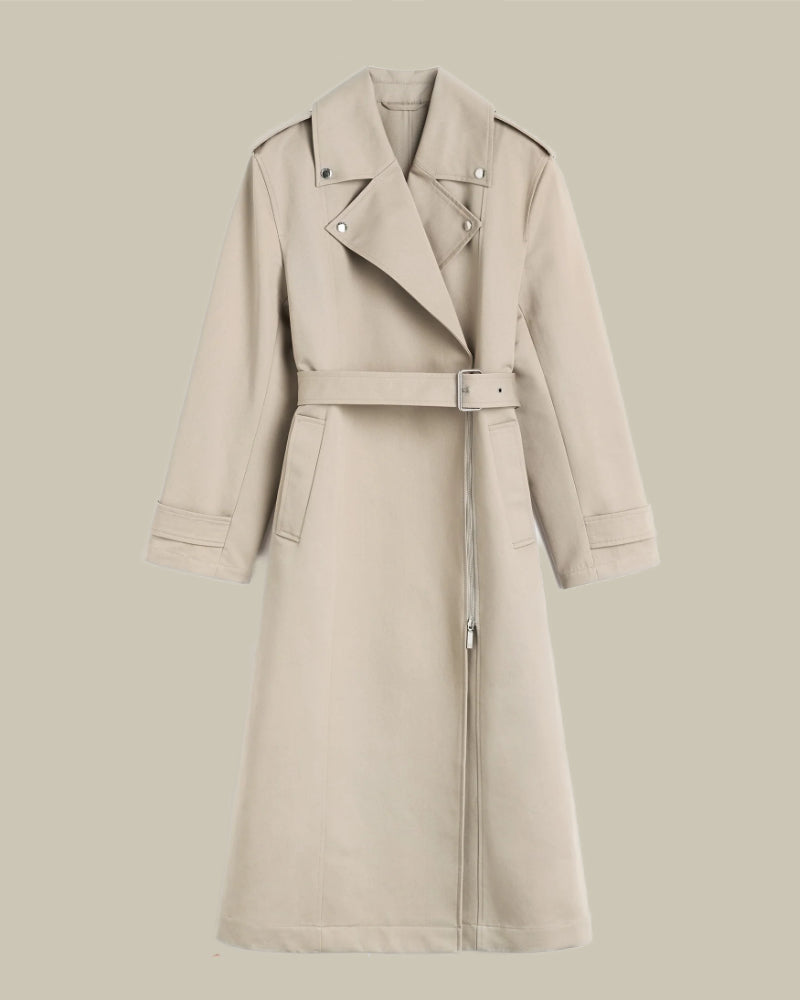 Beige Cotton Biker Trench Coat