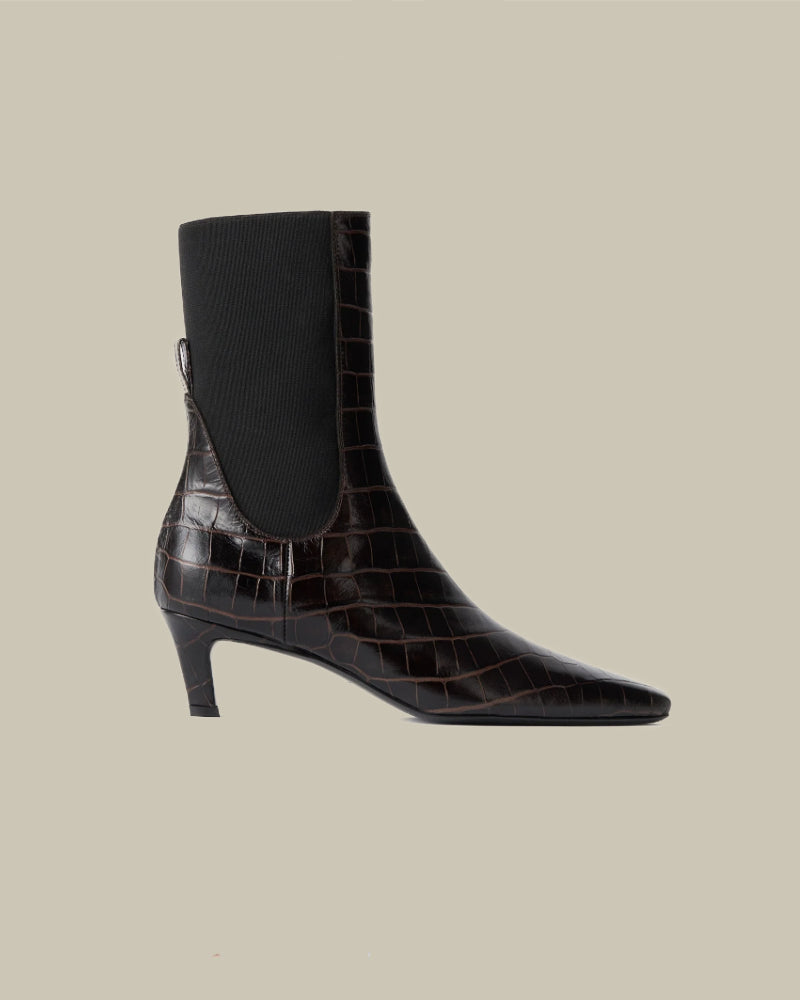 Croco-Embossed Mid-Heel Boots Dark Brown