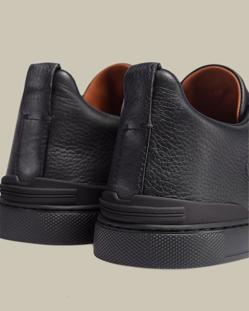 Black on Black Deerskin Triple Stitch Sneakers