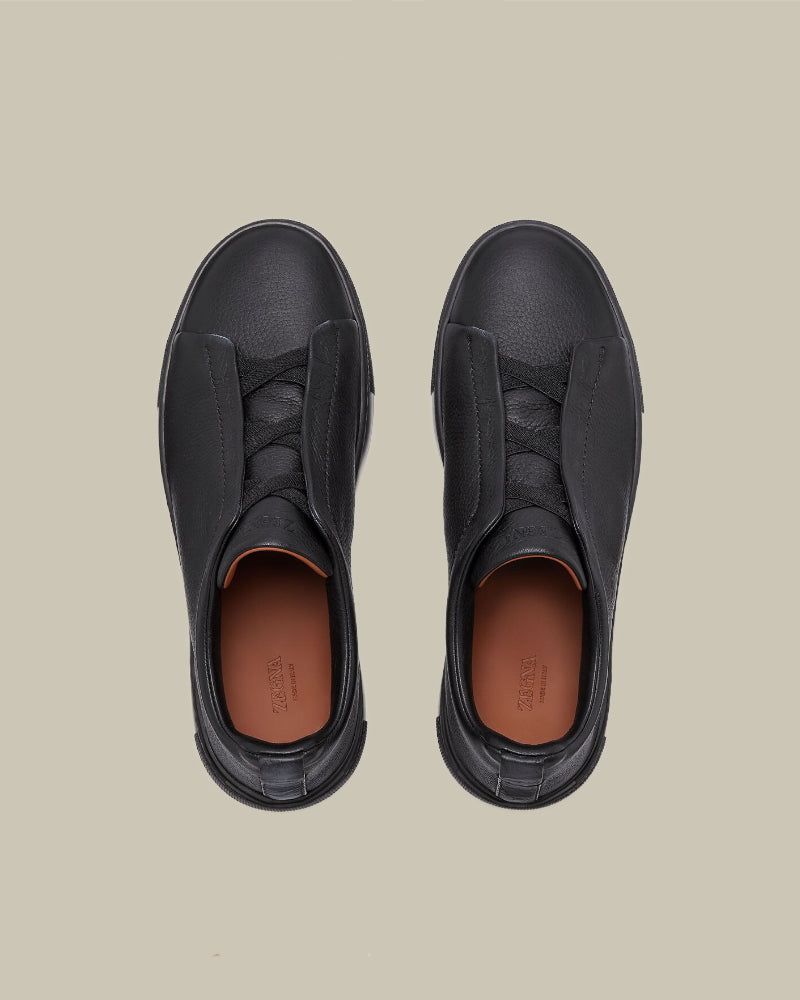 Black on Black Deerskin Triple Stitch Sneakers