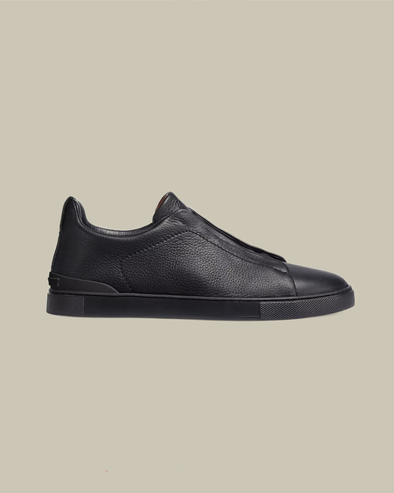 Black on Black Deerskin Triple Stitch Sneakers