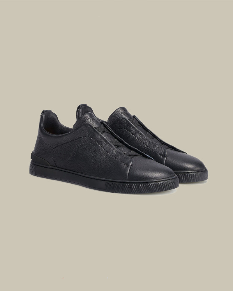 Black on Black Deerskin Triple Stitch Sneakers