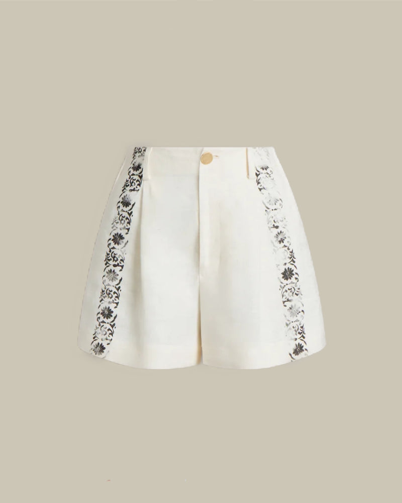 Ivory Printed Linen Cropped Shorts