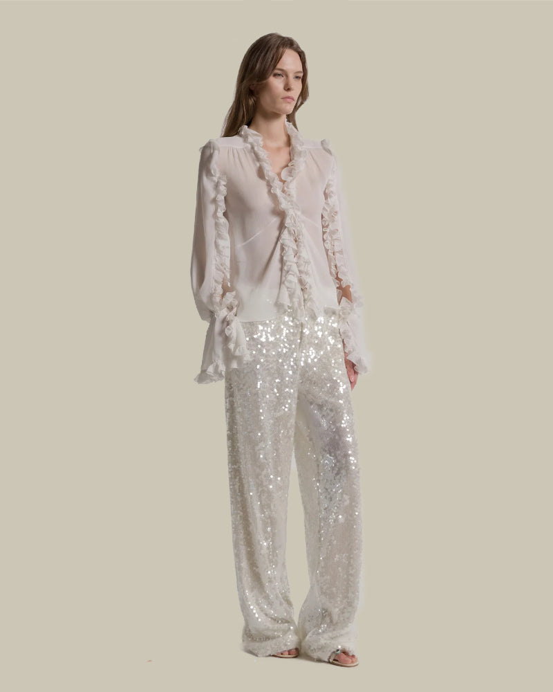 Wide Leg Sequin Trousers Ivory