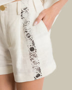 Ivory Printed Linen Cropped Shorts