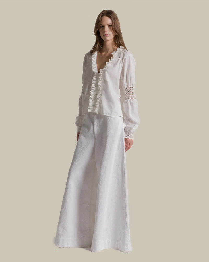 Ruffled V Neck Poplin Blouse