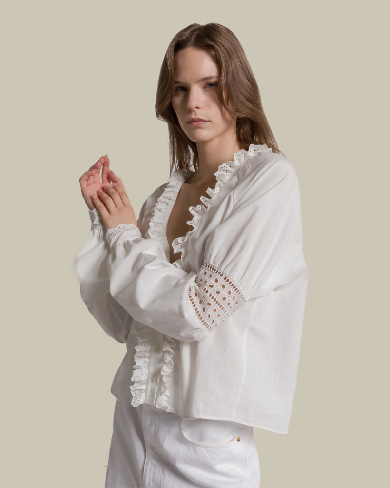 Ruffled V Neck Poplin Blouse