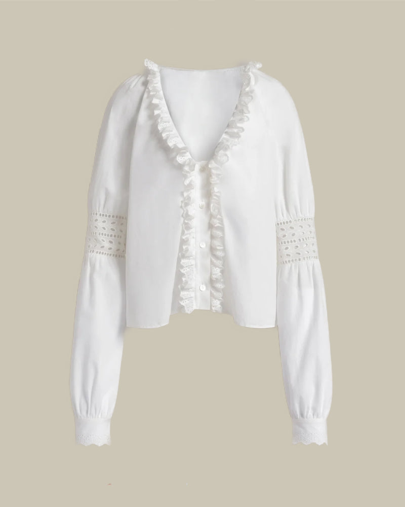 Ruffled V Neck Poplin Blouse
