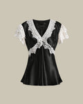 Black Satin Lace Ruffled Top