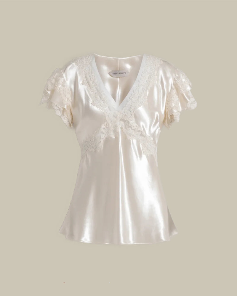 White Satin Lace Ruffled top