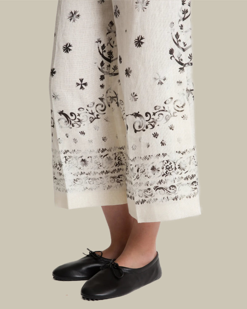 Ivory Printed Linen Trouser