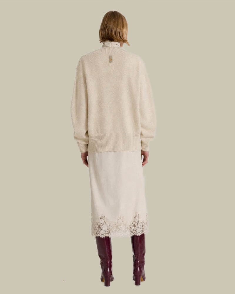 Beige Cashmere V-neck Sweater With Lace Insert