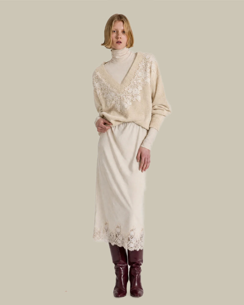Beige Cashmere V-neck Sweater With Lace Insert