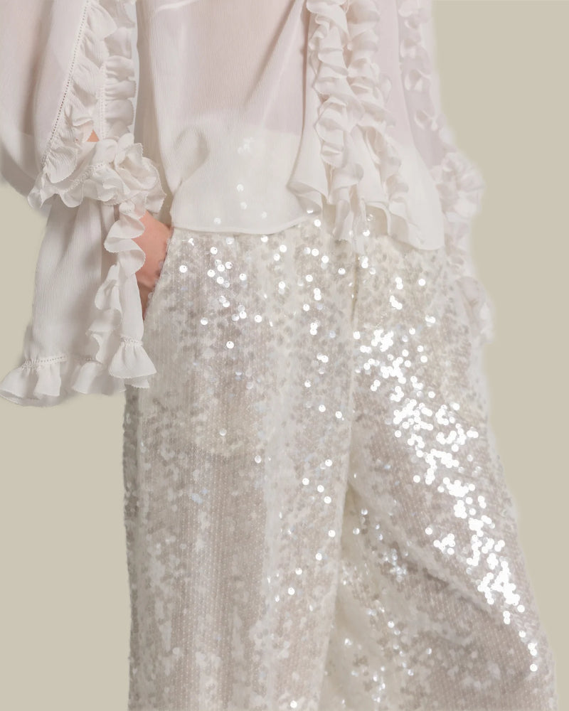 Wide Leg Sequin Trousers Ivory