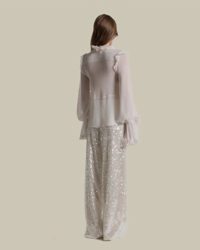 Wide Leg Sequin Trousers Ivory