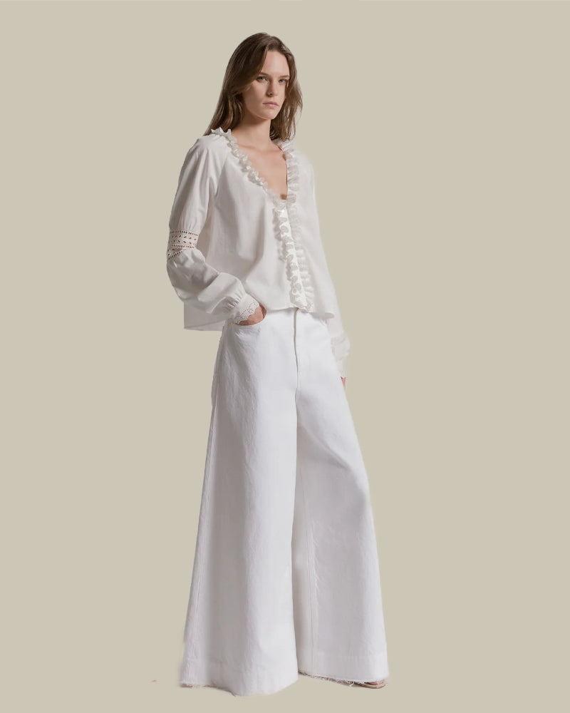 White Wide Leg Denim Trousers