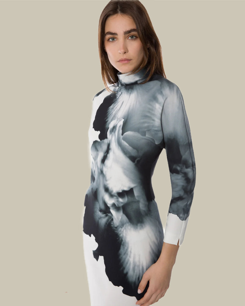 Orchid Print Long-Sleeved Maxi Dress