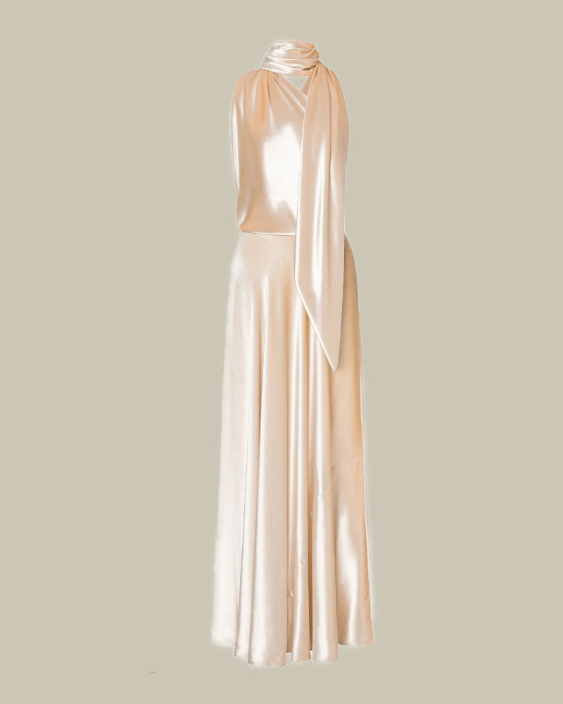 Champagne Glossy Velvet One-Shoulder Dress | MAISON 49