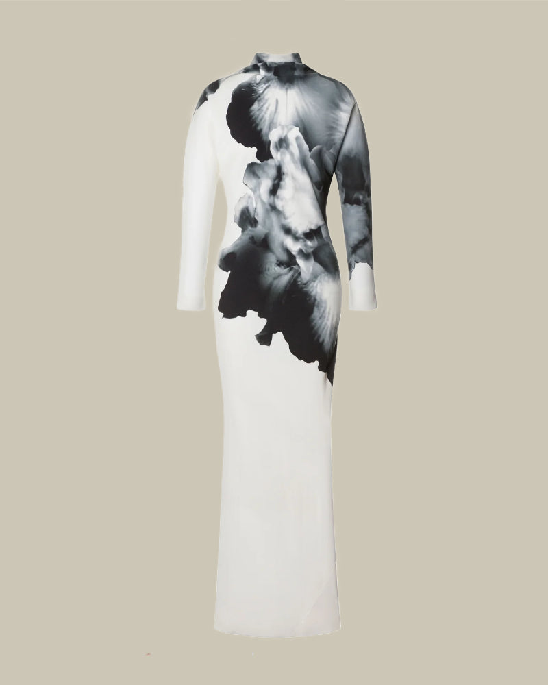 Orchid Print Long-Sleeved Maxi Dress