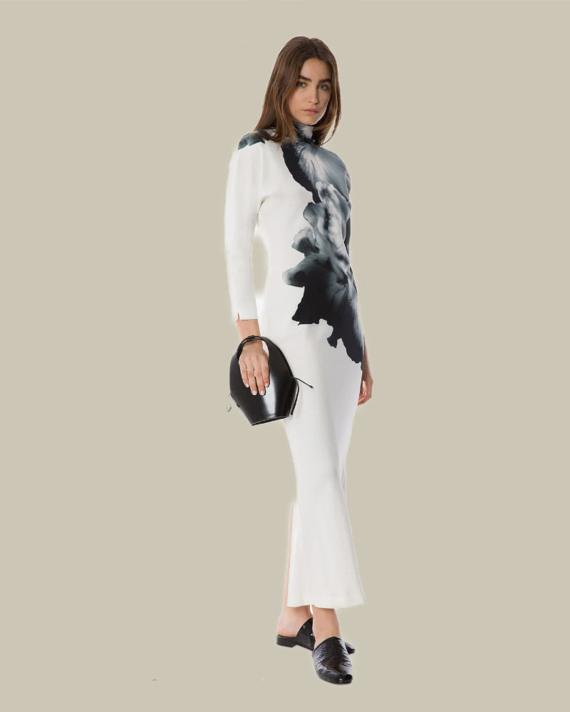 Orchid Print Long-Sleeved Maxi Dress