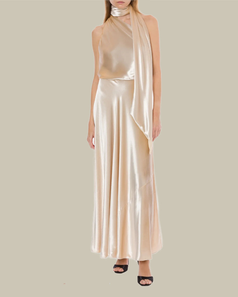 Champagne Glossy Velvet One-Shoulder Dress