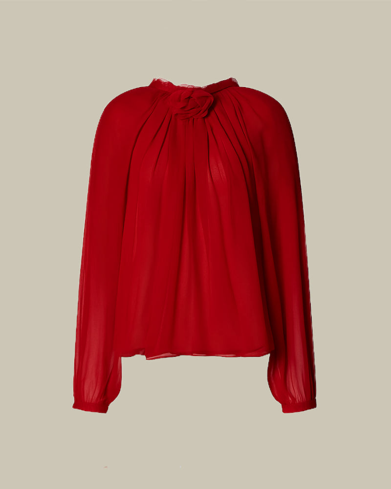 Red Long Sleeved Silk Chiffon Blouse