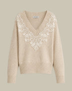 Beige Cashmere V-neck Sweater With Lace Insert