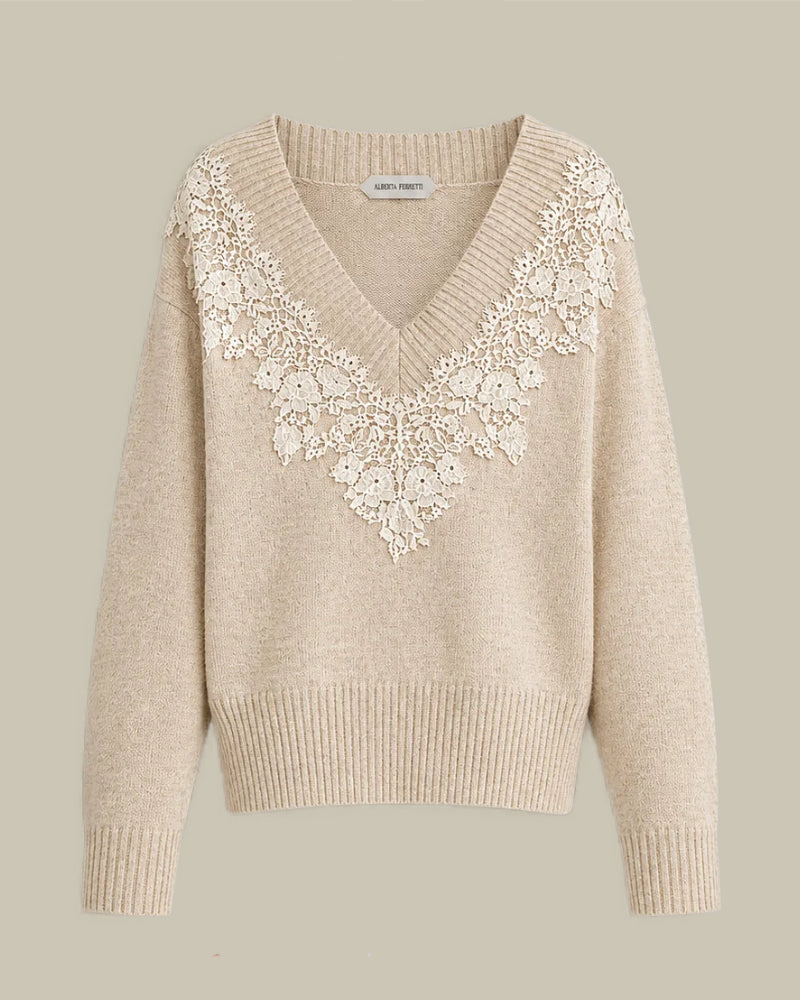 Beige Cashmere V-neck Sweater With Lace Insert