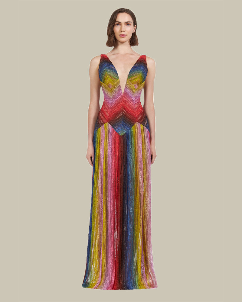 Allegra Kaleidoscopic Lace Plunging Kline Gown