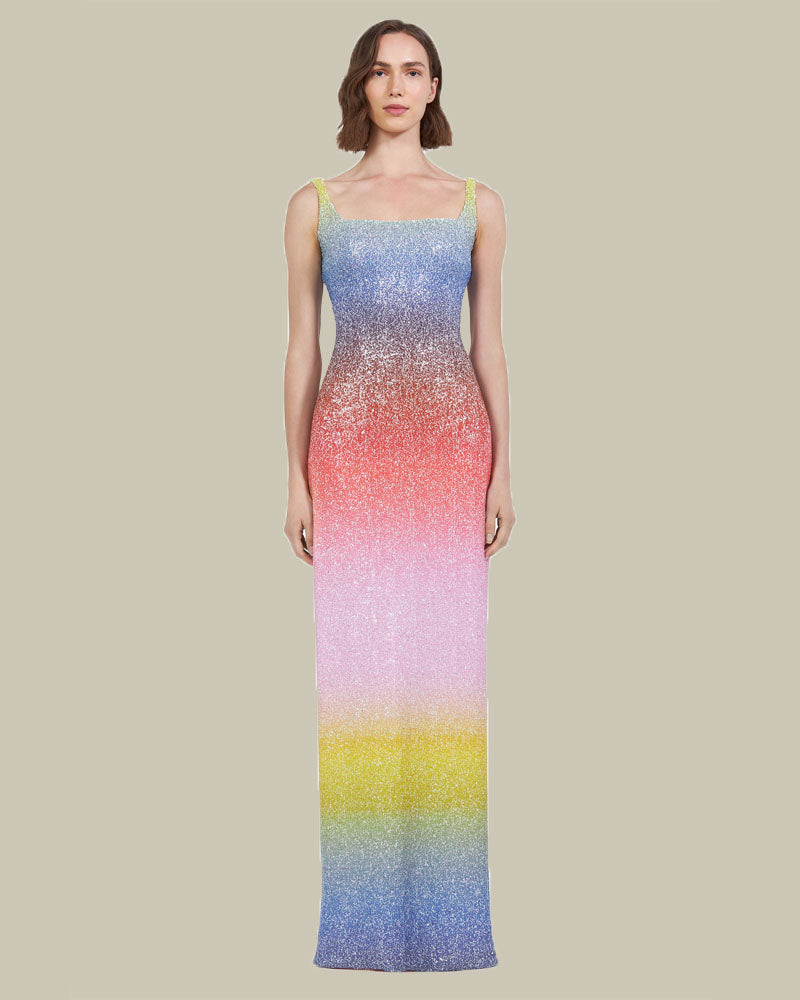 Leela Sunrise Degrade Sequin Column Dress With Square Neckline