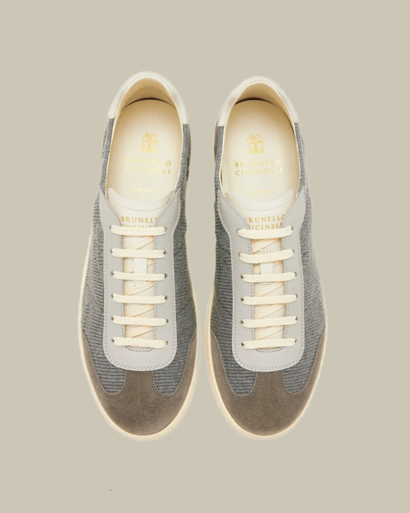 Grey Cotton Knit, Suede and Matte Calfskin Sneakers