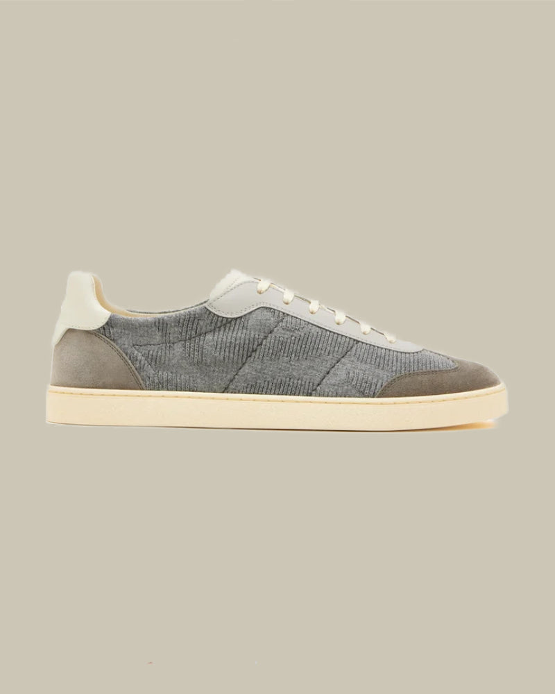 Grey Cotton Knit, Suede and Matte Calfskin Sneakers