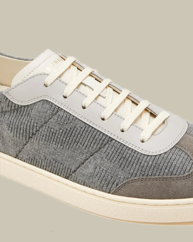 Grey Cotton Knit, Suede and Matte Calfskin Sneakers